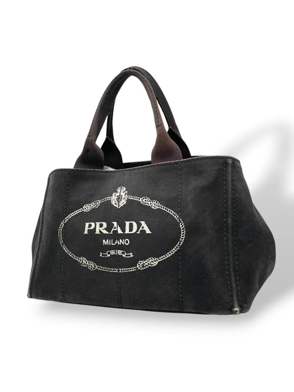 Prada Canapa Tote Bag Black Canvas White Logo Print Gold Handle 194 Casual